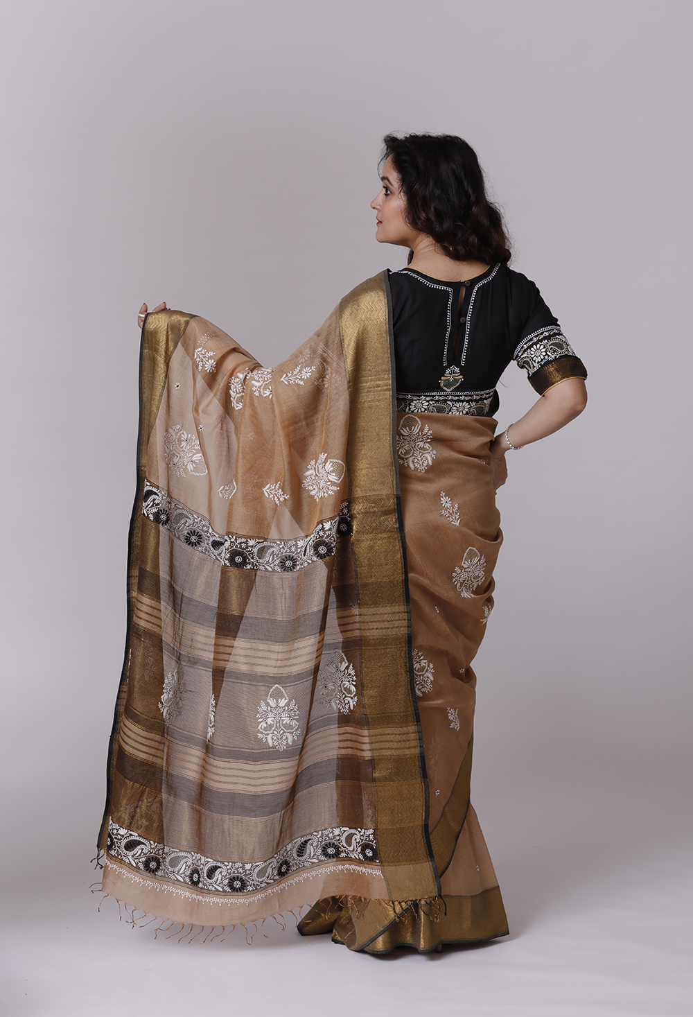 Beige Black Tissue Maheshwari with Chikankari Back Image