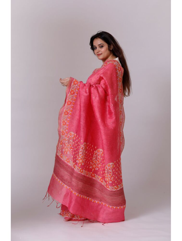 Watermelon Pink Linen Tussar Saree with Mirrorwork and Chikankari Back Image